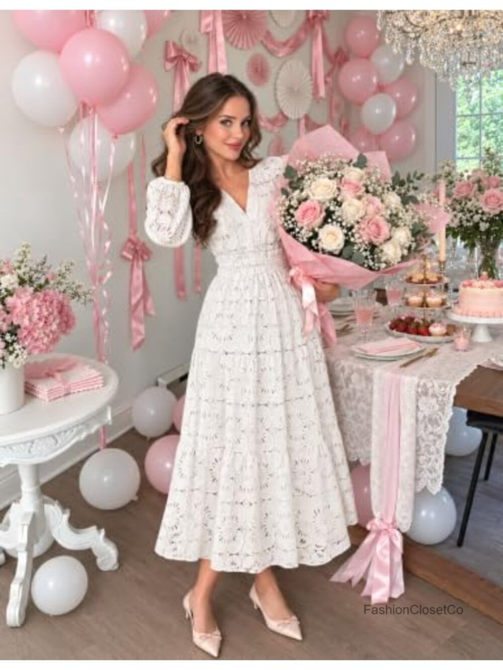 Women's Lace Floral Eyelet Maxi Dress Long Sleeve Wedding Guest - Picture 2 of 6